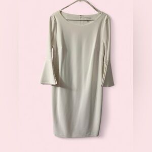 Women's White Midi Shift Dress with Flared Pearl Button Cuff Sleeves